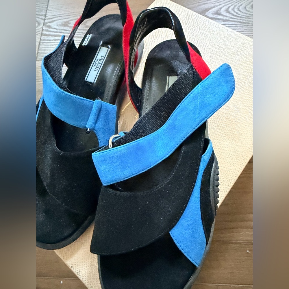 Prada Black and Blue Suede Slingback Clog Sandals